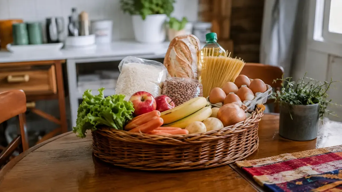 Una canasta con alimentos básicos sin envases de marca en una mesa familiar de uso cotidiano, vista en tres cuartos, profundidad de campo suave