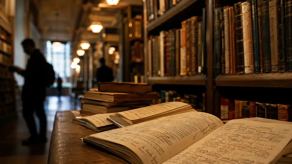 Libros anotados en una biblioteca que representa el canon literario
