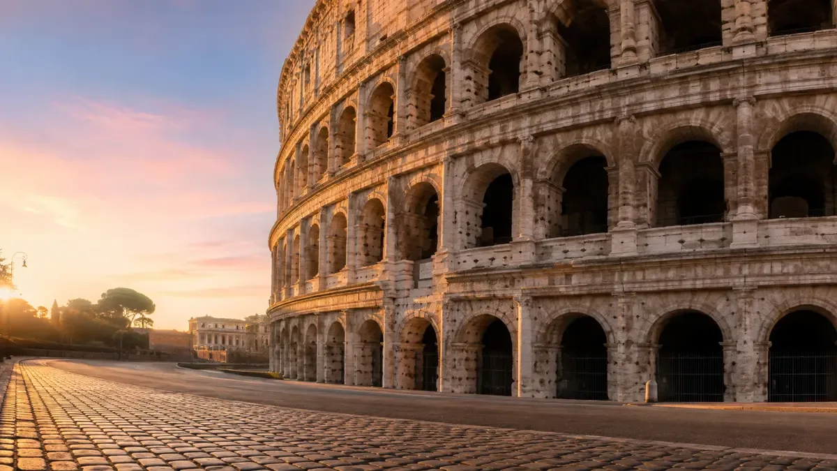 Vista del Coliseo de Roma al amanecer, con calle empedrada vacía