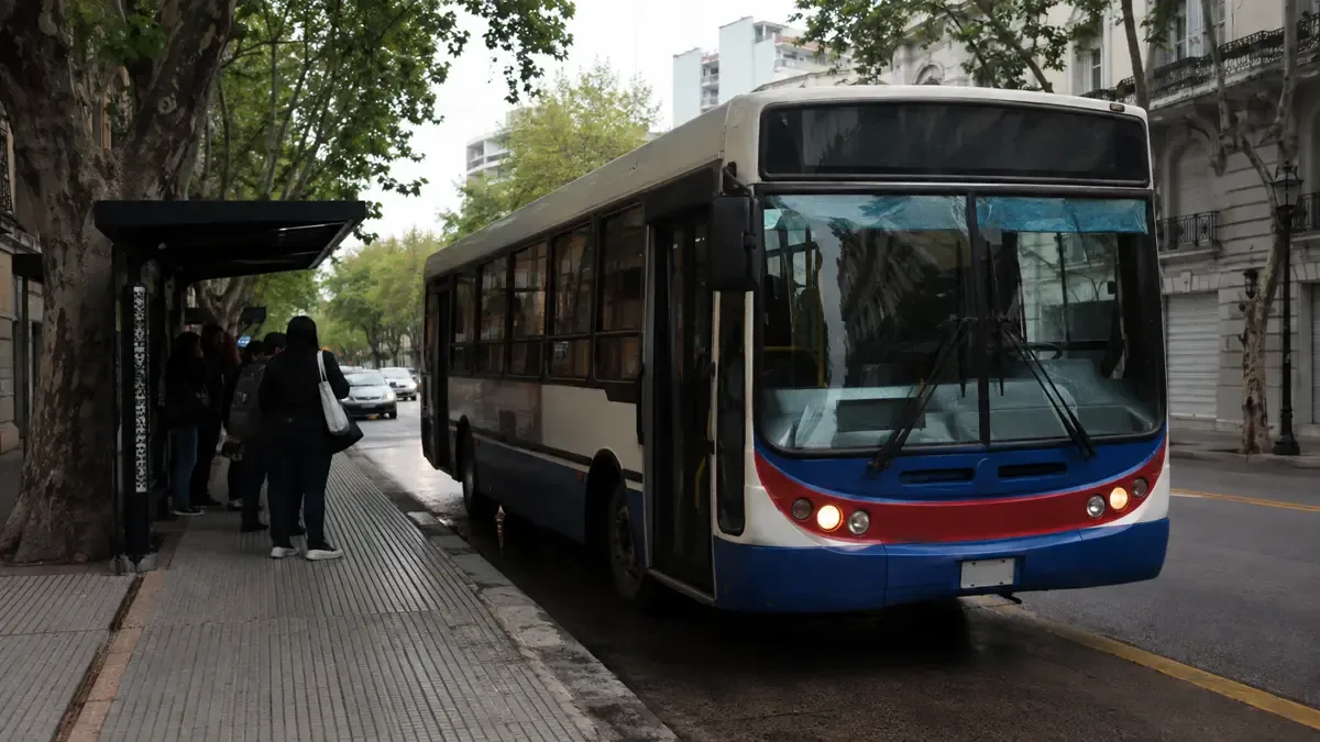 Un colectivo urbano genérico detenido en una parada en una calle urbana argentina, plano medio documental, perspectiva