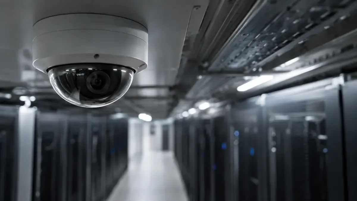 Camara domo de seguridad en el techo de un pasillo tecnico