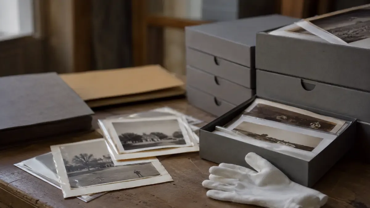 Cajas y fotografías conservadas en un archivo cultural