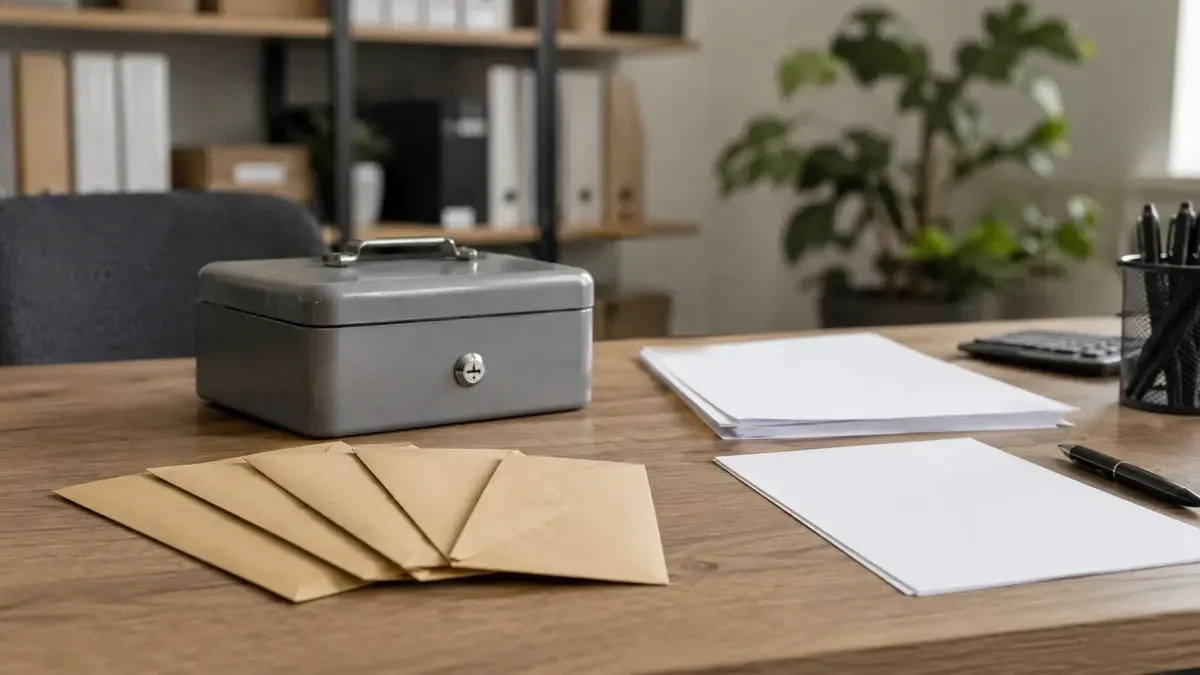 Sobres de ahorro cerrados y una caja metálica pequeña en un escritorio contable con papeles sin texto, vista en tres